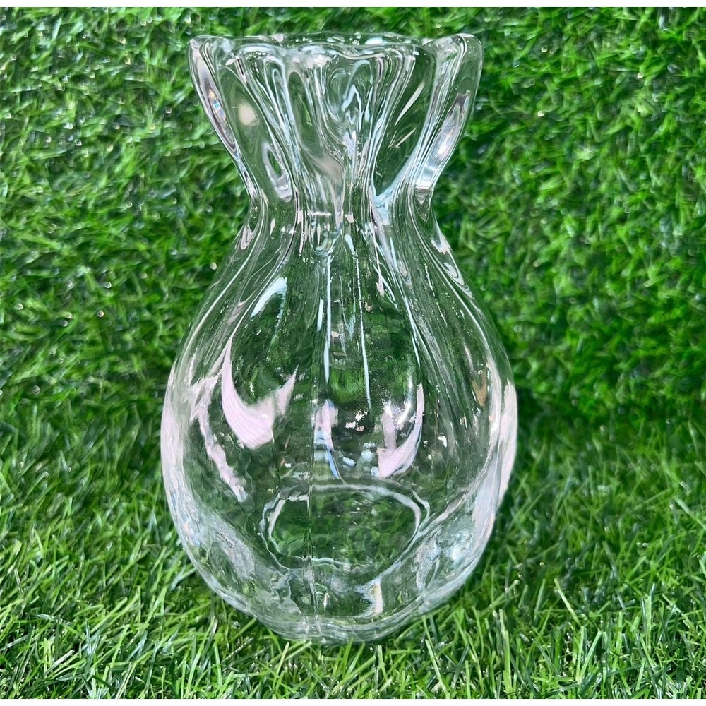 Clear Glass Drawstring Bag Pouch Vase Ruffled Rim Ribbed Texture 7in - Picture 4 of 14